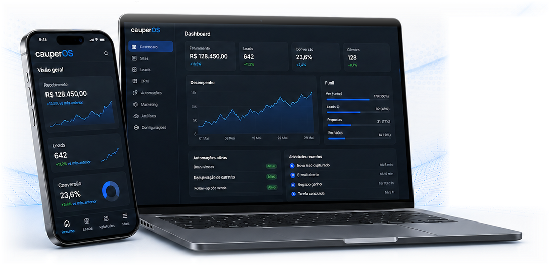 Dashboard da cauperOS em um notebook e um celular
